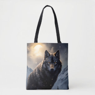Tote Bag Loup noir dans les montagnes de neige
