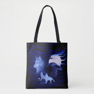 Tote Bag Loups et corbeau avec pleine lune