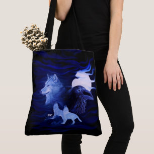 Tote Bag Loups et corbeau avec pleine lune