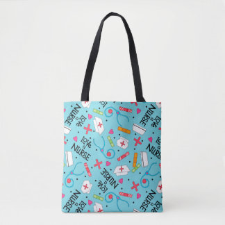 Tote Bag Love a Nurse Art Turquoise avec Nurse Motifs