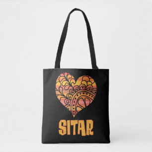 Tote Bag Love Sitar Orange Mandala Heart Musique indienne