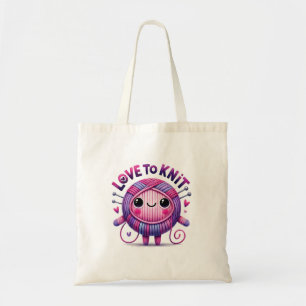 Tote Bag Love to Knit Citation mignonne Pink Purple Ball of