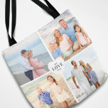 Tote Bag Love You Custom Heart Photo Collage<br><div class="desc">Design moderne et élégant sac fourre-tout photo personnalisé dispose d'un collage photo de 4 photos de style Instagram carré (8 photos totales sur l'avant et l'arrière du sac) dans un arrangement simple qui est centré avec l'amour en forme de coeur. Personnalisez le texte gris fusain foncé (la couleur peut être...</div>