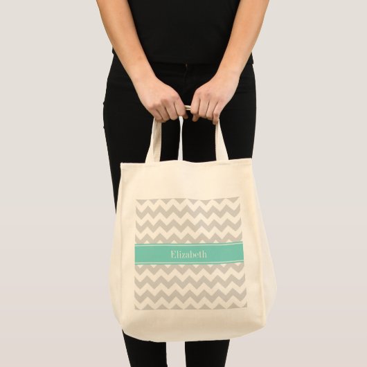 Tote Bag Lt Gray Wht Chevron Aqua Turquoise Nom monogram (Devant (produit))
