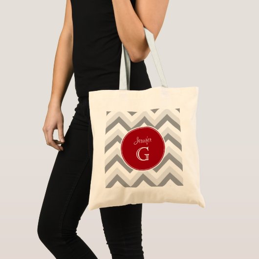 Tote Bag Lt Two Grey Wt Chevron Rnd Cranberry Nom Monogramm (Devant (produit))
