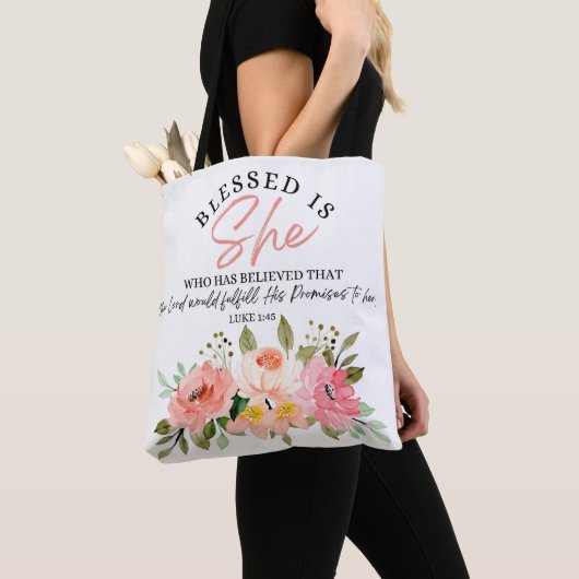 Tote Bag Luc 1:45 Béni est Elle Écriture Florale (De près)