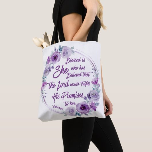Tote Bag Luc 1:45 Béni est Elle Florale violette (De près)