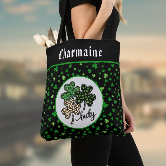 Tote Bag Lucky St Patrick Shamrock Green Black Cat Print  