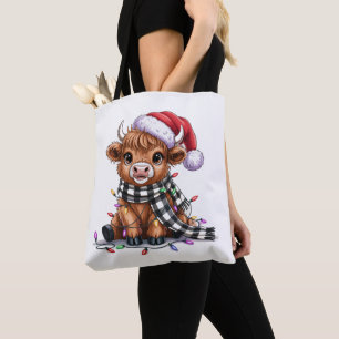Tote Bag Lumières de Noël Vache Highland Chapeau de Père No
