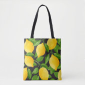 Tote Bag Lumineuse jaune aquarelle citrons et feuilles vert (Devant)