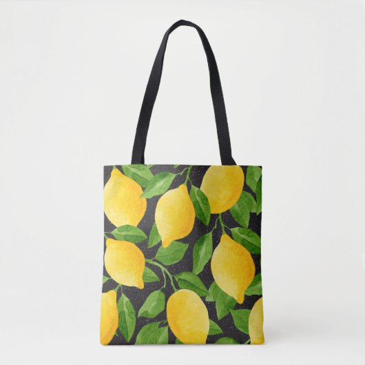 Tote Bag Lumineuse jaune aquarelle citrons et feuilles vert (Devant)