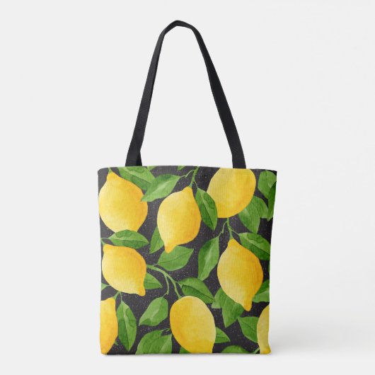 Tote Bag Lumineuse jaune aquarelle citrons et feuilles vert (Dos)