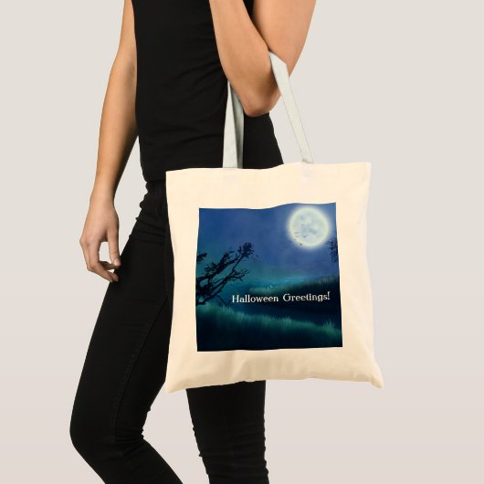 Tote Bag Lune d'Halloween à la nuit dans les tons bleu et v (Devant (produit))