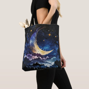 Tote Bag Lune et nuages bleu et or Croissant Halloween