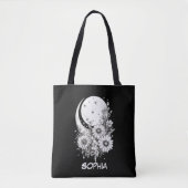 Tote Bag lune noire et fleurs customisées du nom (Devant)