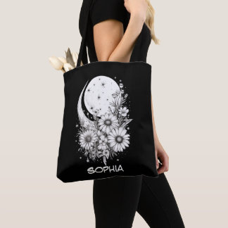 Tote Bag lune noire et fleurs customisées du nom
