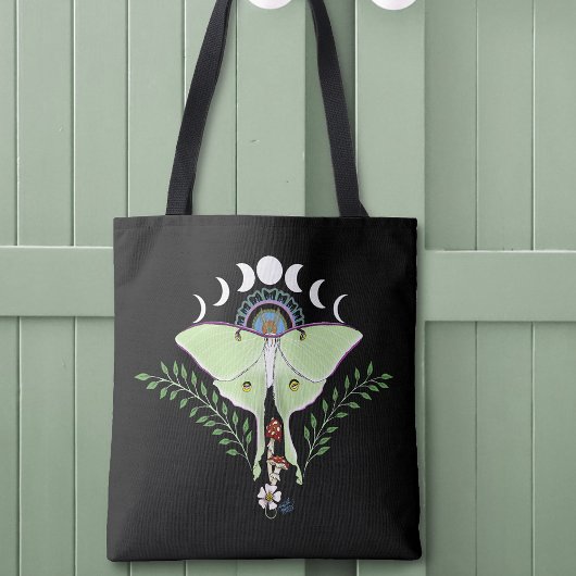 Tote Bag Lune Papillon Éthéré Vert Mystique Céleste