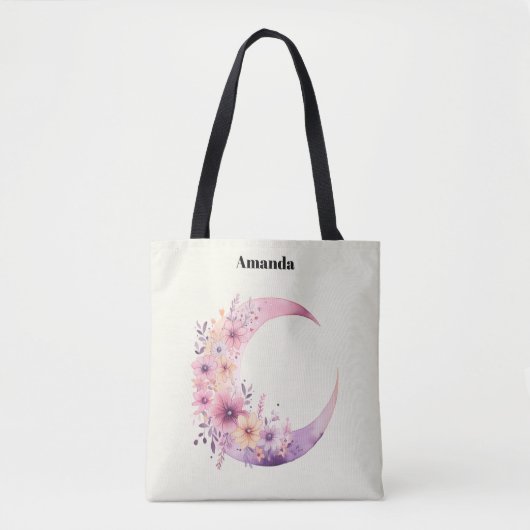 Tote Bag Lune rose Croissant avec de jolies fleurs (Devant)