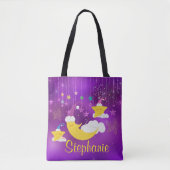 Tote Bag Lune somnolente et ciel étoilé pourpre d'étoiles (Devant)