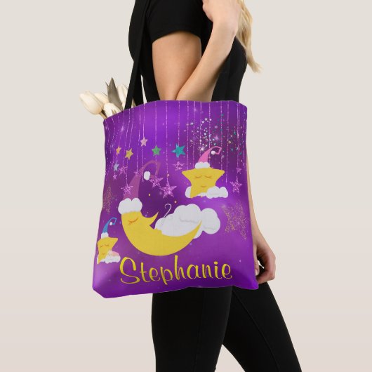 Tote Bag Lune somnolente et ciel étoilé pourpre d'étoiles (De près)