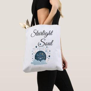 Tote Bag lune souriante avec des étoiles femmes nuit rêveus