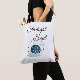 Tote Bag lune souriante avec des étoiles femmes nuit rêveus