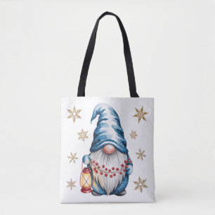 Tote Bag Lutin de Noël bleu avec des baies de lanterne roug