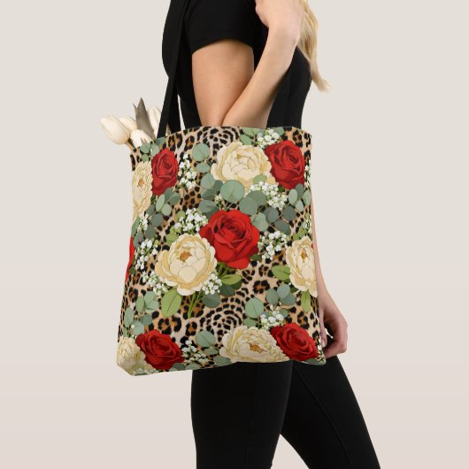 Tote Bag Luxury Leopard & Red Rose Pattern  (De près)