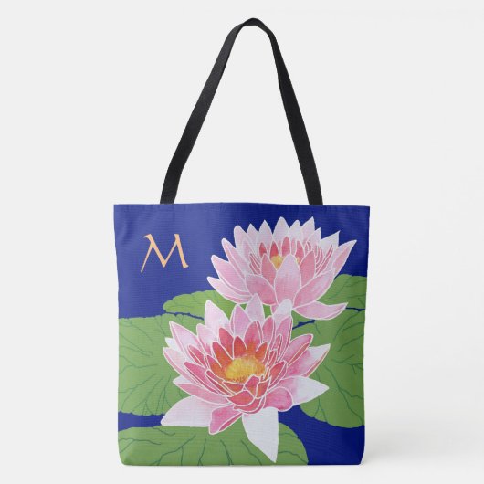 Tote Bag Lys d'eau rose monogramme sur bleu (Devant)