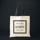 Tote Bag M. noir et blanc élégant Mme monogram wedding<br><div class="desc">Sacs fourre-tout noirs et blancs élégants à M. Mme monogram wedding. Conception de fantaisie de logo avec la belle typographie pour le nom, la date et la lettre décorée d'un monogramme. Cadeau personnalisé mignon ou idée de cadeau pour la jeune mariée, les demoiselles de honneur, la domestique de l'honneur et...</div>