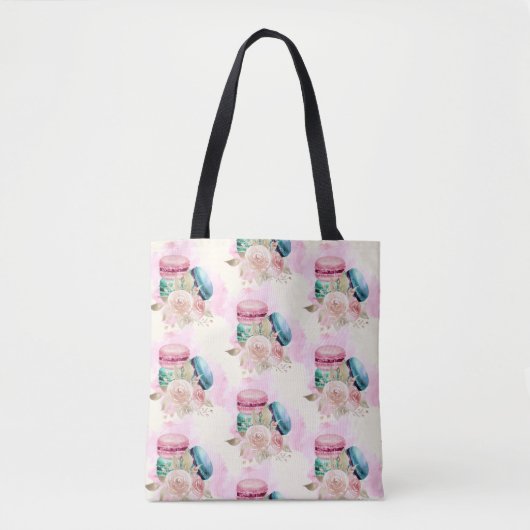 Tote Bag Macarons et fleurs colorés Motif d'aquarelle (Devant)
