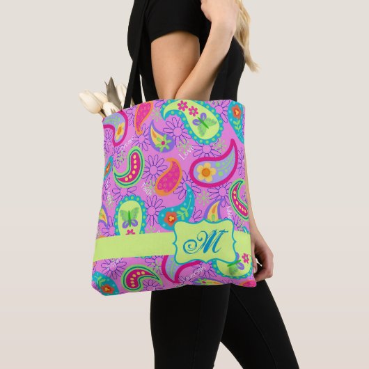 Tote Bag Magenta rose moderne Paisson Monogramme (De près)