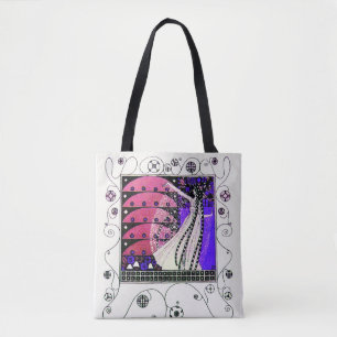 Tote Bag MAGIC SPRING Violet Noir Blanc Tourbillons Géométr