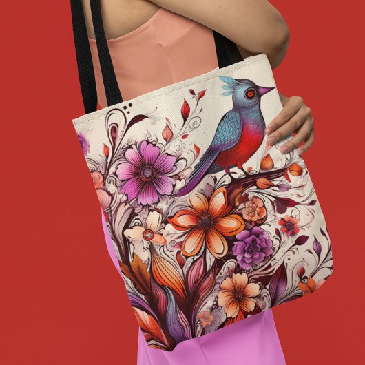 Tote Bag Magnifique oiseau rouge et fleuri été