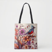 Tote Bag Magnifique oiseau rouge et fleuri été (Devant)