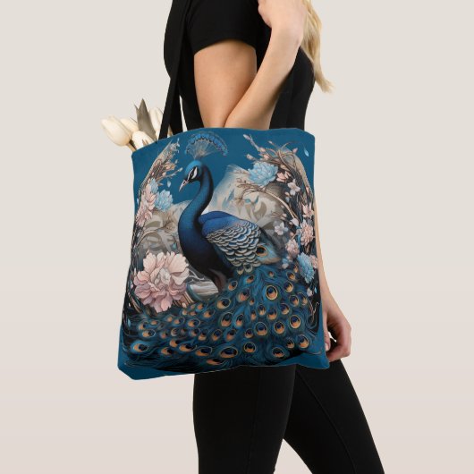 Tote Bag Magnifique paon avec Base Bleue (De près)