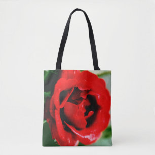 Tote Bag Magnifique rose rouge avec gouttes de rosée matina