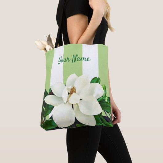 Tote Bag Magnolia Bloom | Vert et blanc personnalisés (De près)
