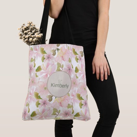Tote Bag Magnolia Floral Monogramme initiale rose tendre (De près)