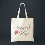 Tote Bag Maid of Honor Calligraphie et Rose<br><div class="desc">Un design calligraphique fluide pour la Maid of Honor et agrémenté d'une rose rose rose. Cet article est un grand choix comme une faveur de mariage pour la fête de la mariée pendant les événements et les activités autour du mariage.</div>
