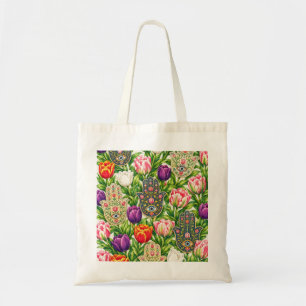 Tote Bag Main de Hamsa & Tulipes Colorées Œil Botanique Mal