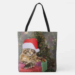 Tote Bag Maine Coon Chat Père Noël & Cadeaux Arbre de Noël 