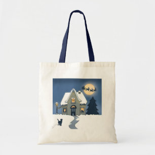 Tote Bag Maison avec chat sur une nuit de Noël enneigée