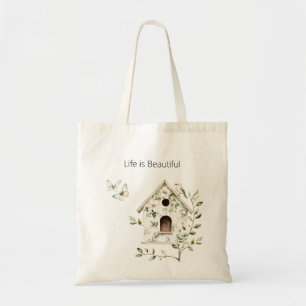 Tote Bag Maison d'oiseau verte blanche Feuilles Fleurs Papi