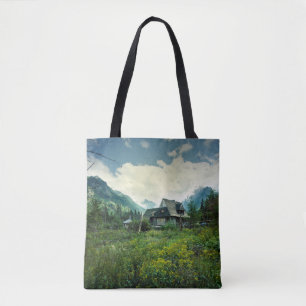 Tote Bag Maison en bois, paysage de montagne.