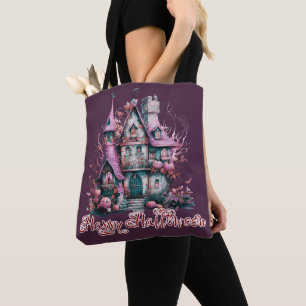 Tote Bag Maison hantée déplaisante rose et gris Halloween h