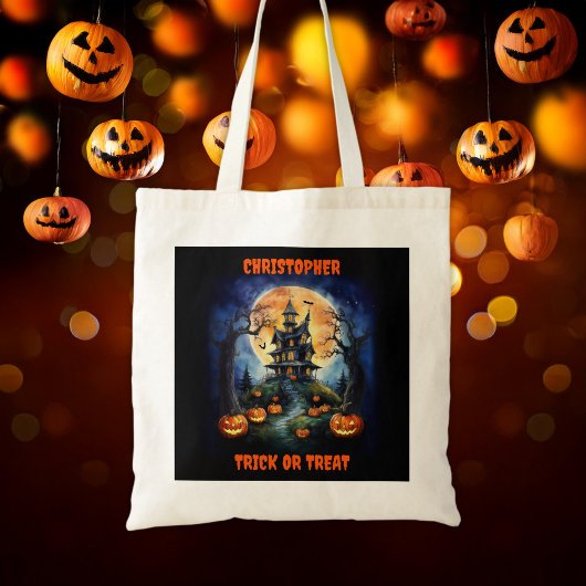 Tote Bag Maison hantée d'Halloween avec nom Citrouille