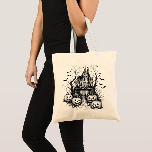Tote Bag Maison hantée Halloween noir et blanc (Devant (produit))