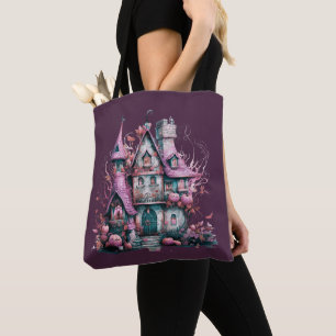 Tote Bag Maison hantée rose et grise Halloween