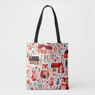 Tote Bag Maisons rouges et feuille de papier mignon